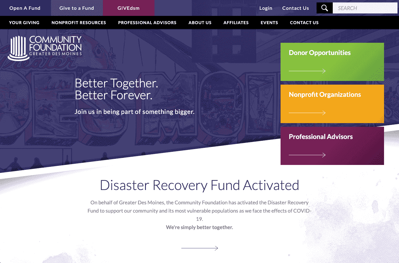 Screenshot of Community Foundation homepage.