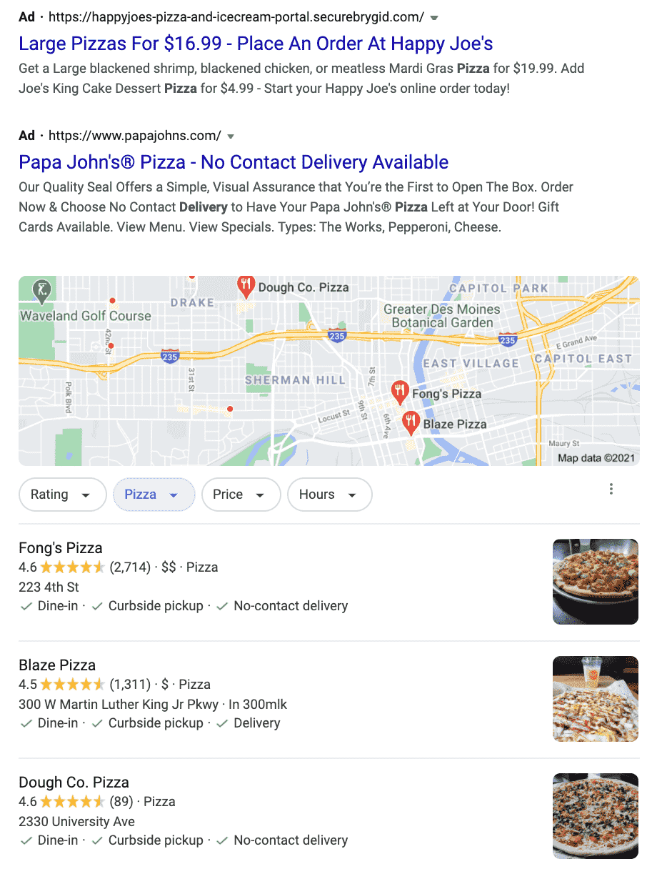Screenshot of pizza places on Google.