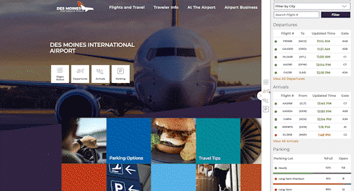 des moines airport's website used as an example of diagonal website design.