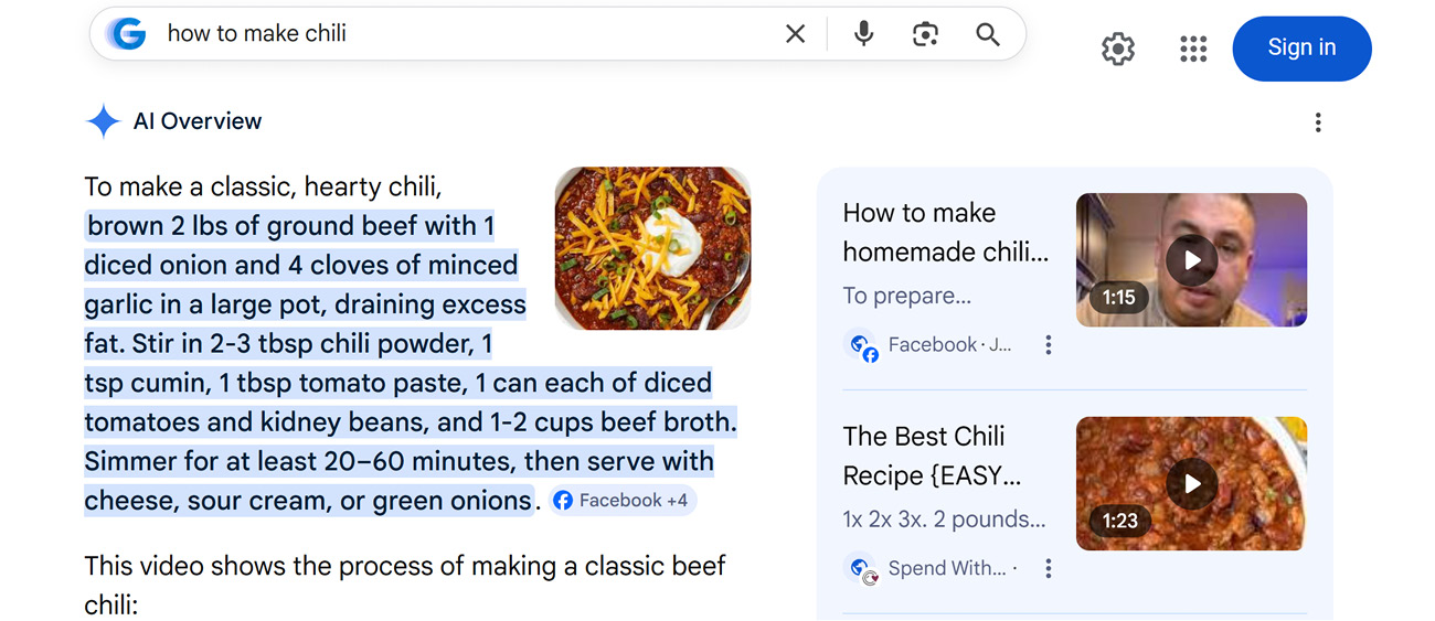 screenshot of google ai overview answering how to make chili.