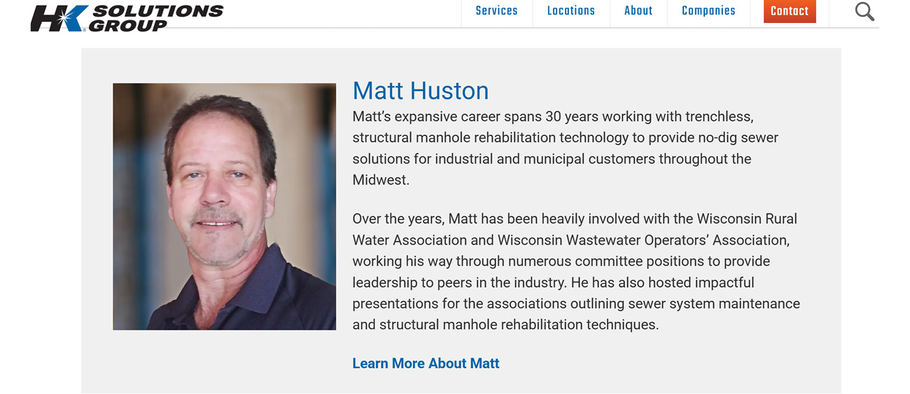screenshot of matt huston's author bio page on the hk solution group's website.