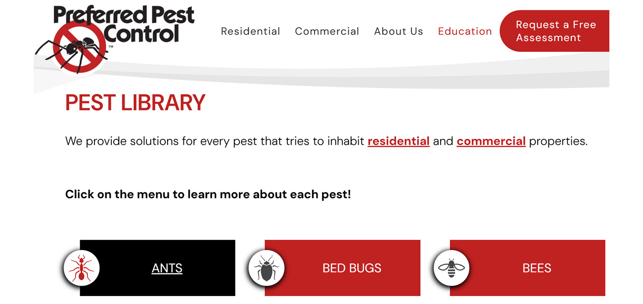 screenshot of the pest library on the preferred pest website. 