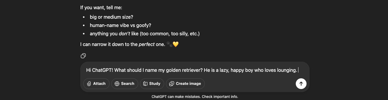 User Asks ChatGPT For Golden Retriever Names.