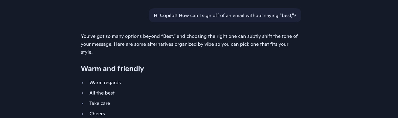 User Asks Copilot For Options To Sign Off Of An Email Besides 'Best'.