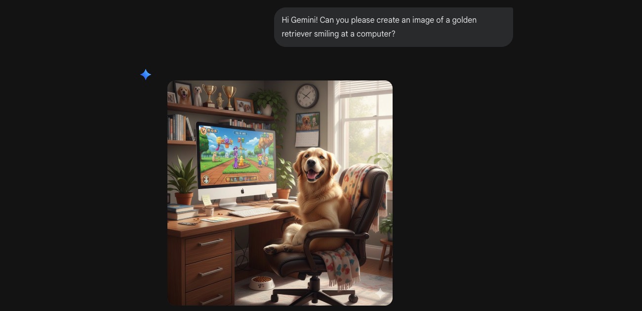 User Asks Gemini To Create An Image Of A Golden Retriever At A Computer, And Gemini Responds With An Image Depicting This.