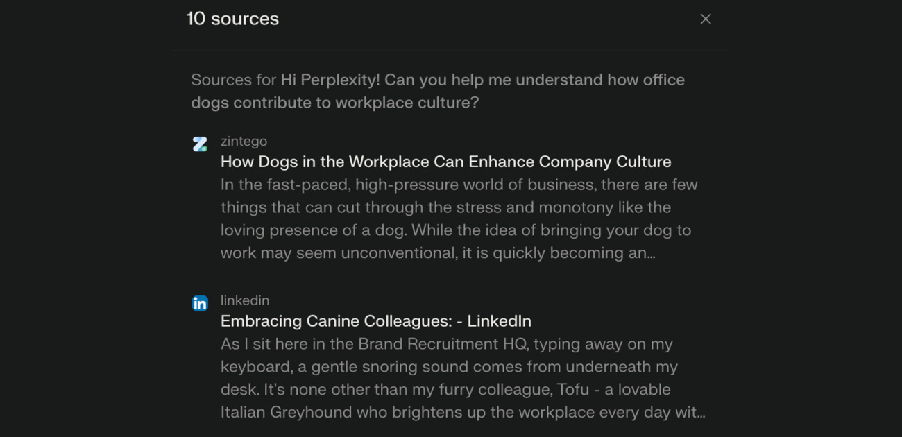 Perplexity Lists Sources For User Query About How Dogs Impact Workplace Culture.