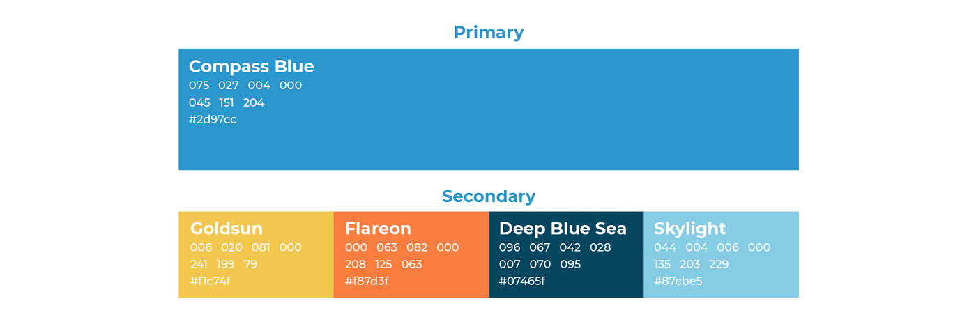 Brand Colors For Blue Compass. Blue Compass' brand colors.