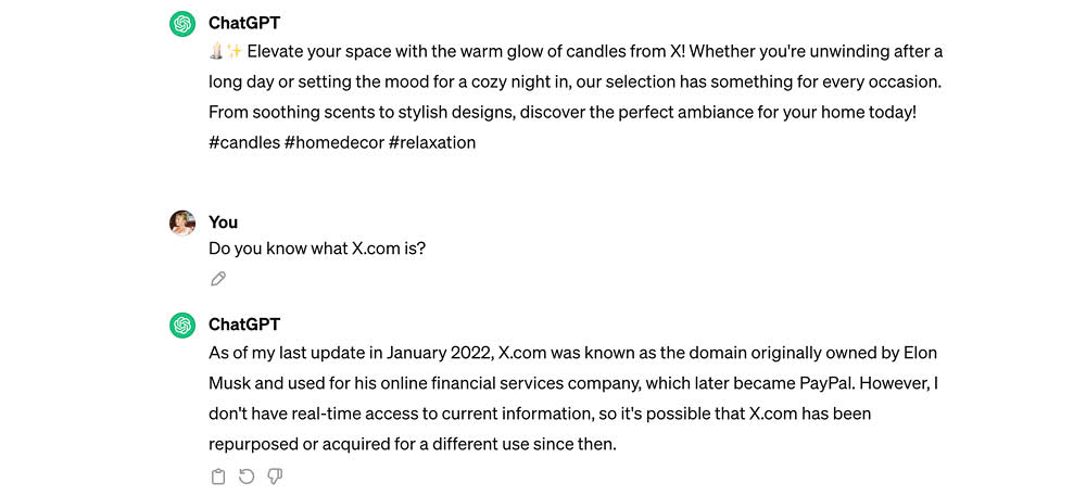 screenshot of a chatgpt prompt asking if the platform knows what x.com is.
