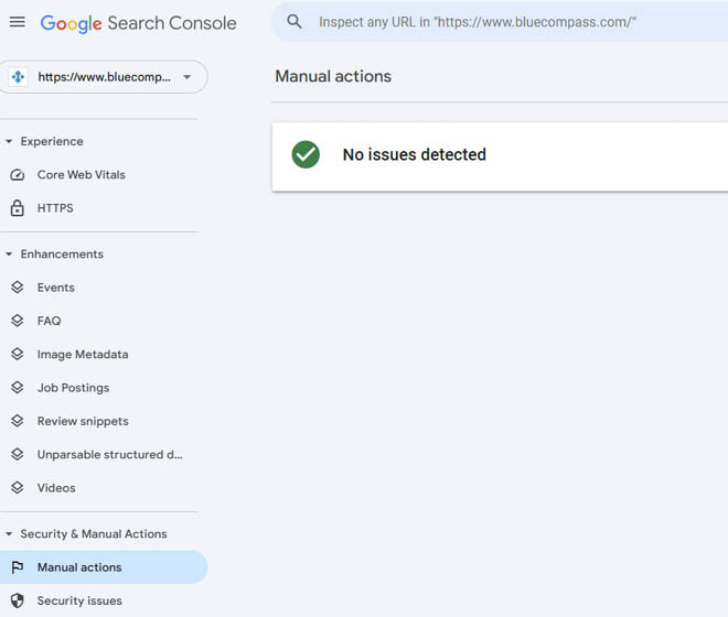 screenshot of Google Search Console manual and security actions