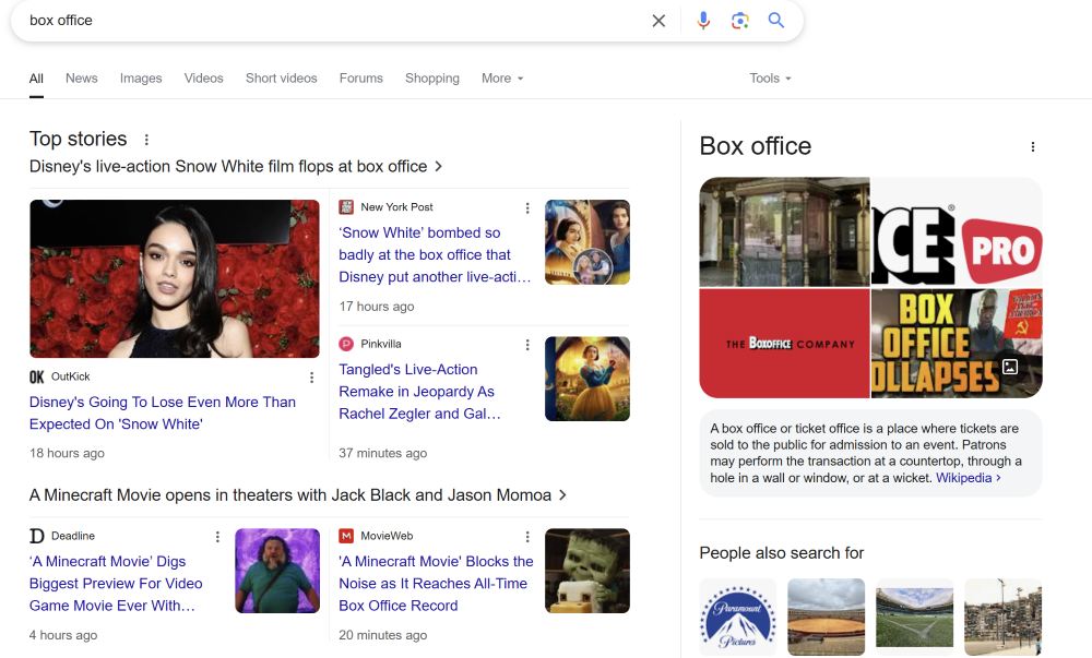 screenshot of a Google search for box office