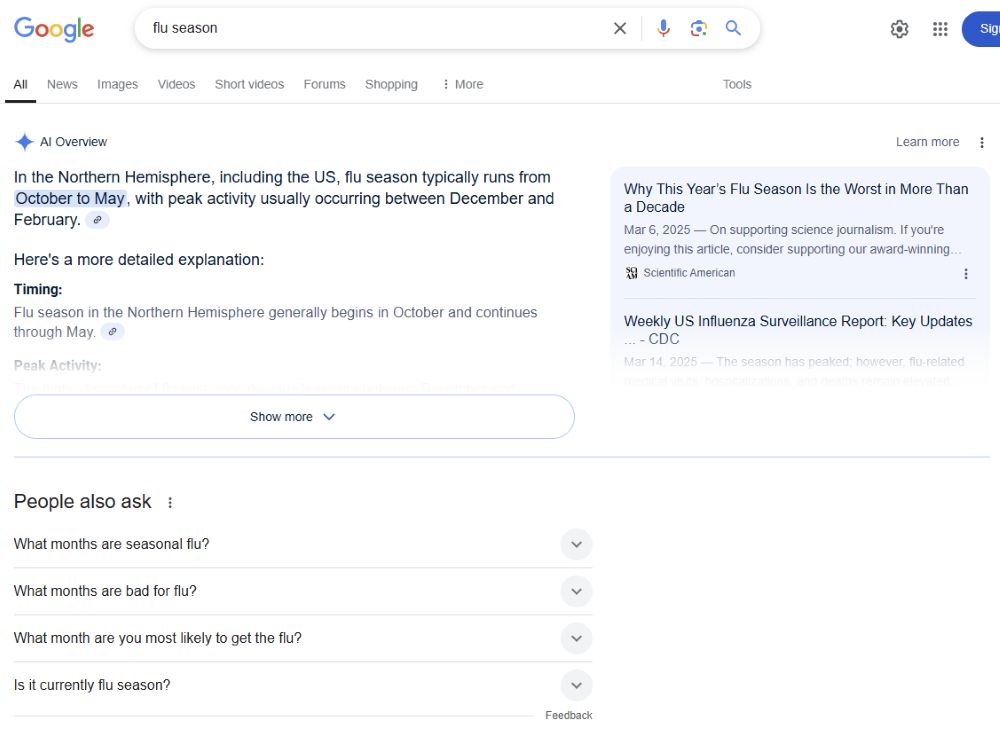 screenshot of a Google search for flu season