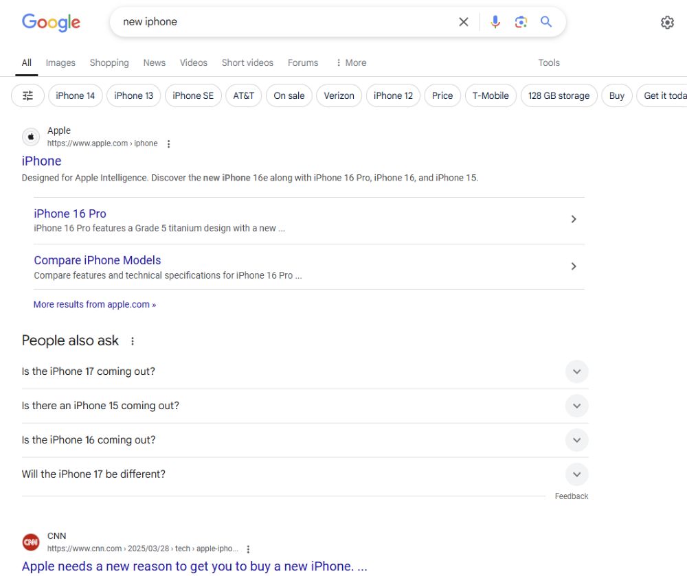 screenshot of a Google search for new iphone