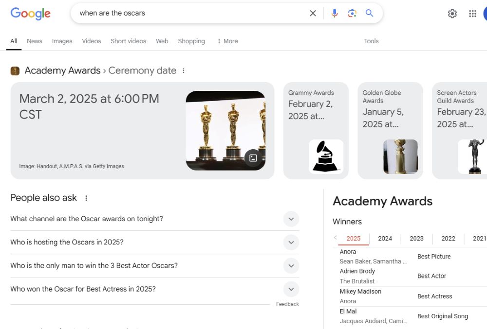 screenshot of a Google search for when are the oscars