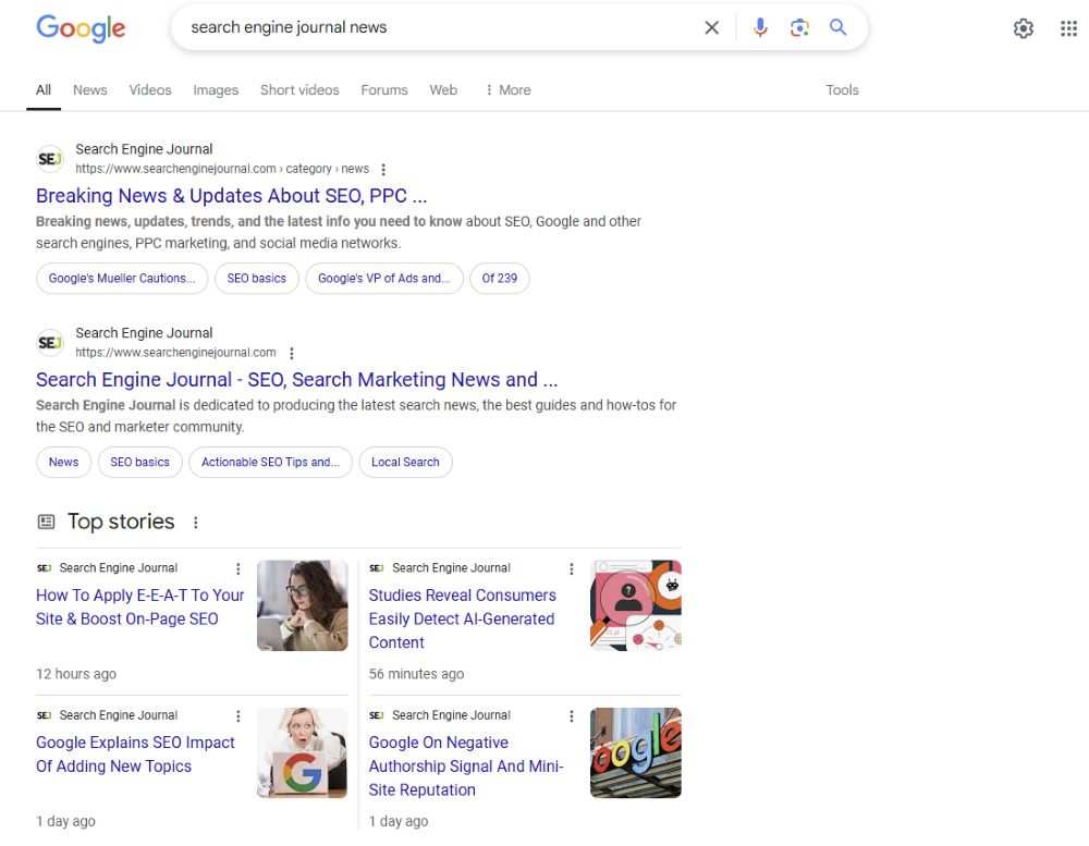 screenshot of a Google search for search engine journal