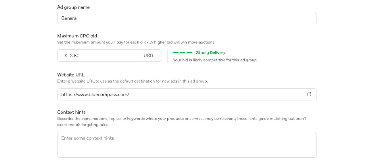 Screenshot Of The Ad Group Setup In OpenAI Ads Manager.