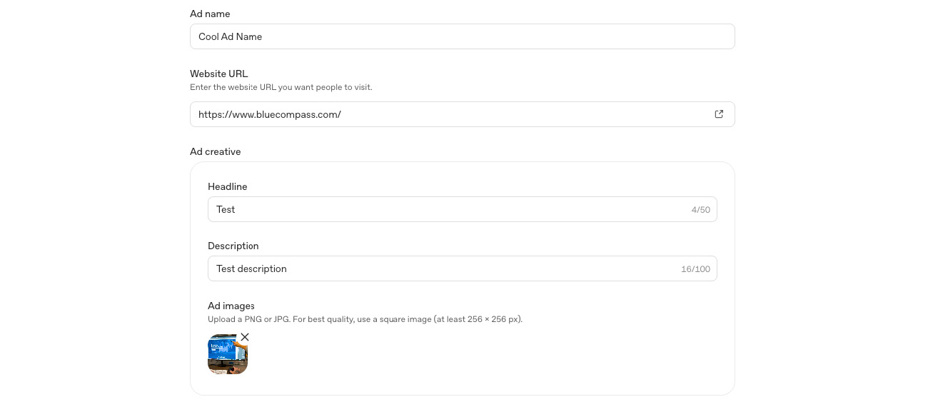 Screenshot Of Ad Setup In OpenAI Ads Manager.