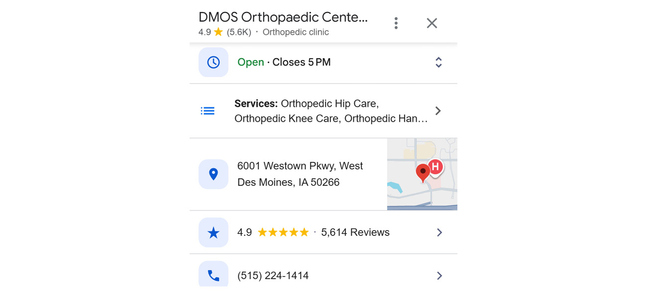 A Screenshot Of DMOS Orthopaedic Center's Google Business Profile. 