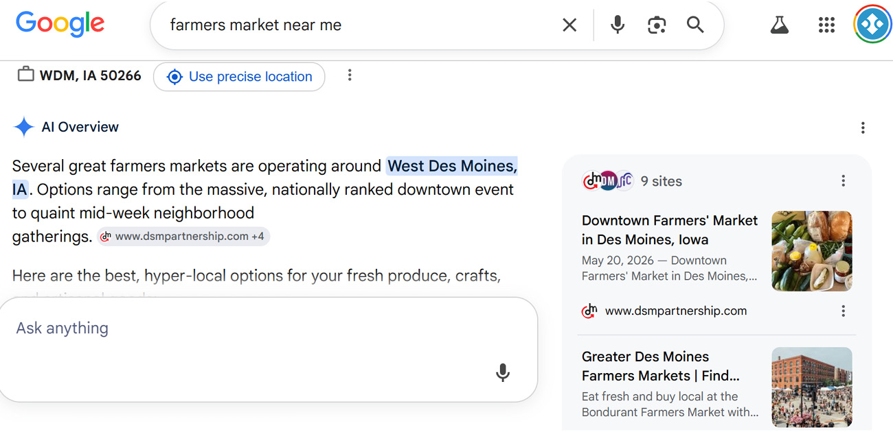 Screenshot Of The AI Overview Result For "Farmers Market Near Me".