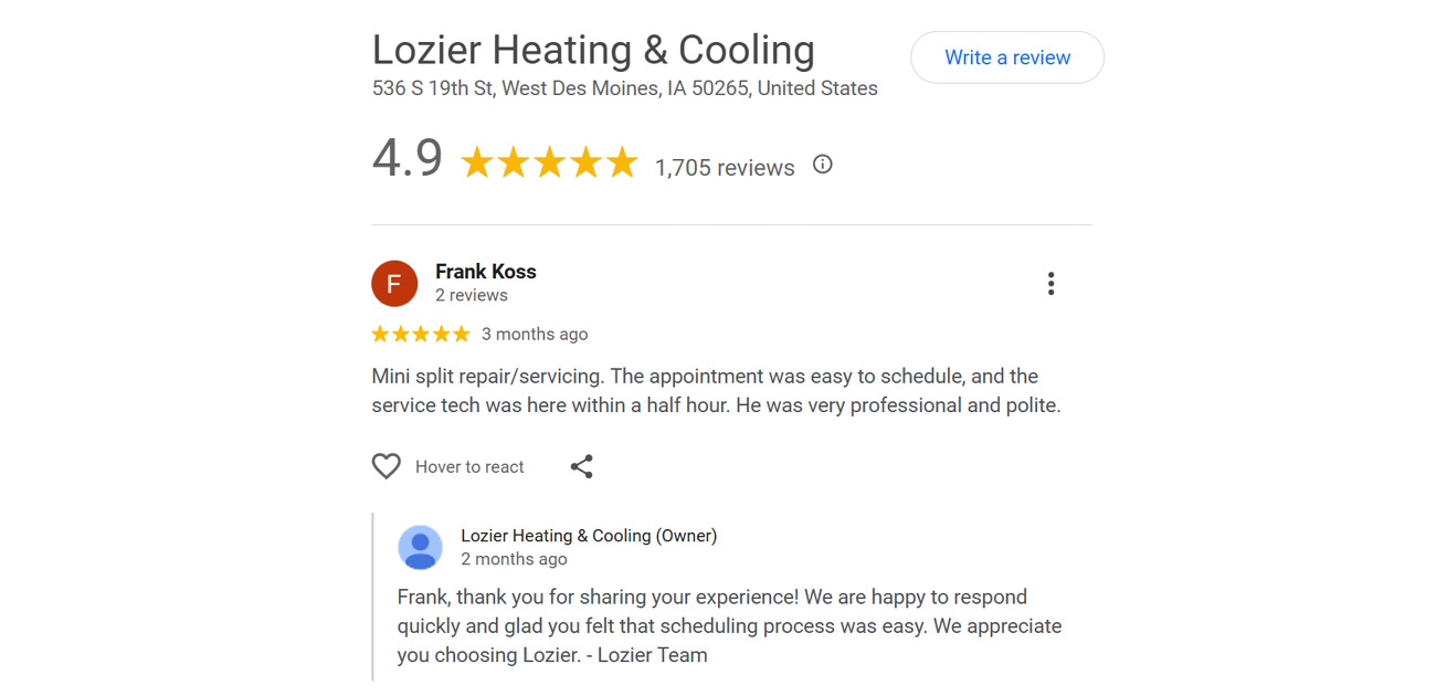 Screenshot Of A 5-Star Review For Lozier Heating & Cooling.