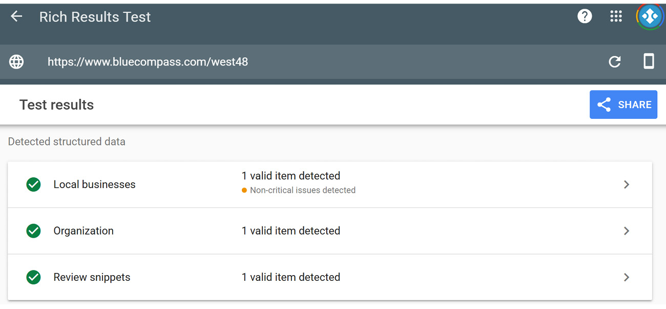 Screenshot Of West48 Conference Center's Rich Results Test Displaying The Schema Detected.  