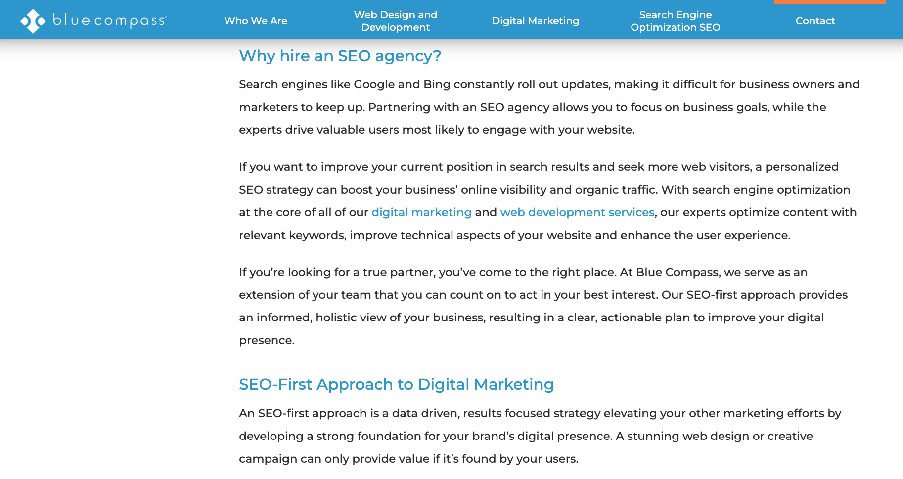 Blue Compass' SEO page.