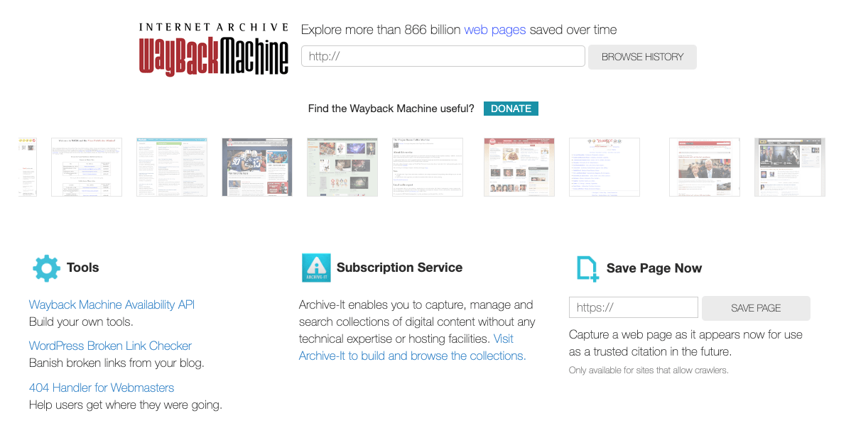 Wayback Machine Homepage.