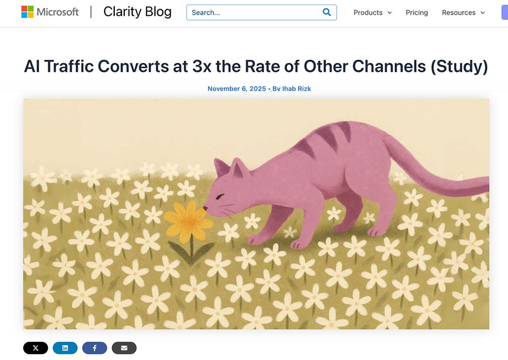 Microsoft Clarity blog post about AI traffic converting 3x higher than other channels.
