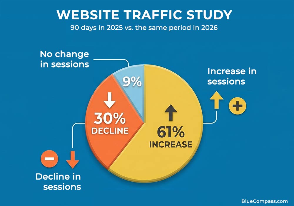 pie chart displaying blue compass website traffic study metrics.