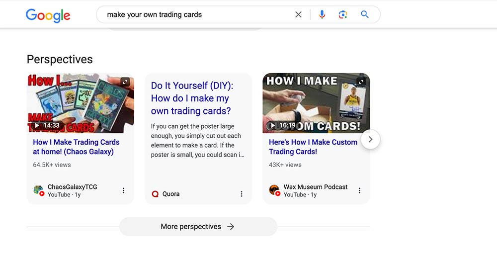 Google Perspectives trading card example.