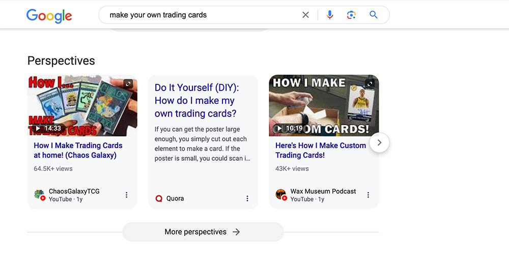 Google Perspectives trading card search Google Perspectives trading card example.