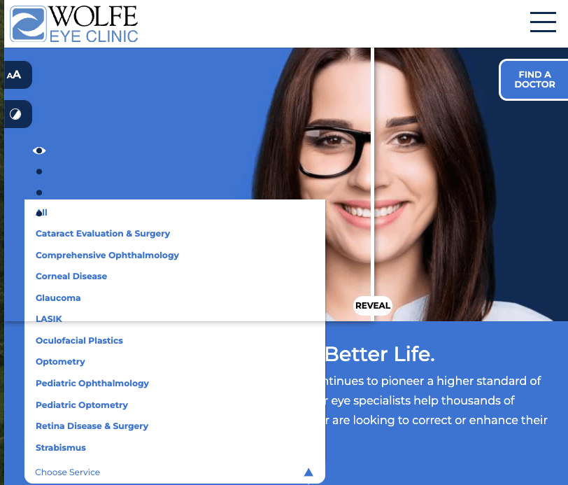 Wolfe Eye Clinic homepage. Screenshot of Wolfe Eye Clinic homepage.