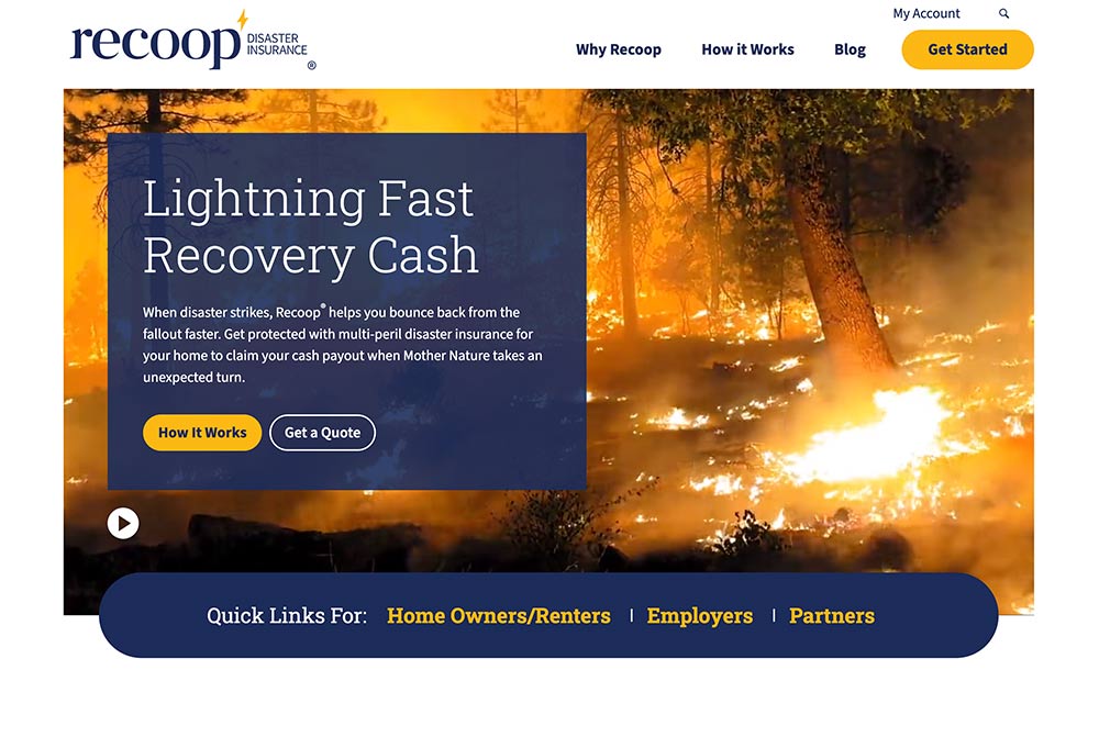 Recoop Disaster Insurance Screenshot Of Recoop Disaster Insurance Web Design.