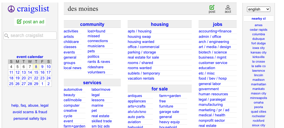 Craigslist Homepage.