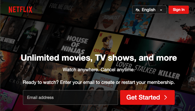 Screenshot of Netflix's homepage.