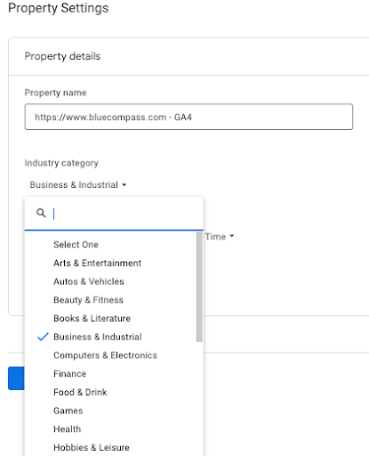 Screenshot of property settings in GA4.