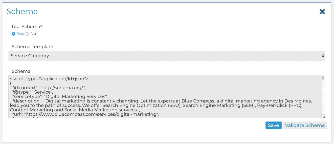 Schema in Blue Compass' CMS Screenshot of schema.