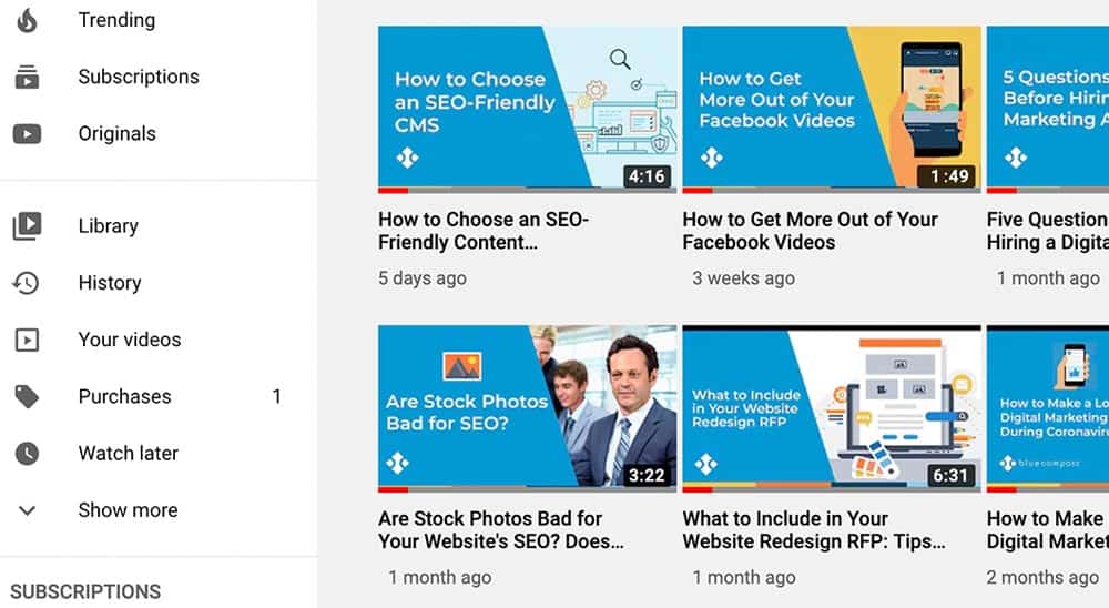 Screenshot of some of Blue Compass' YouTube videos.