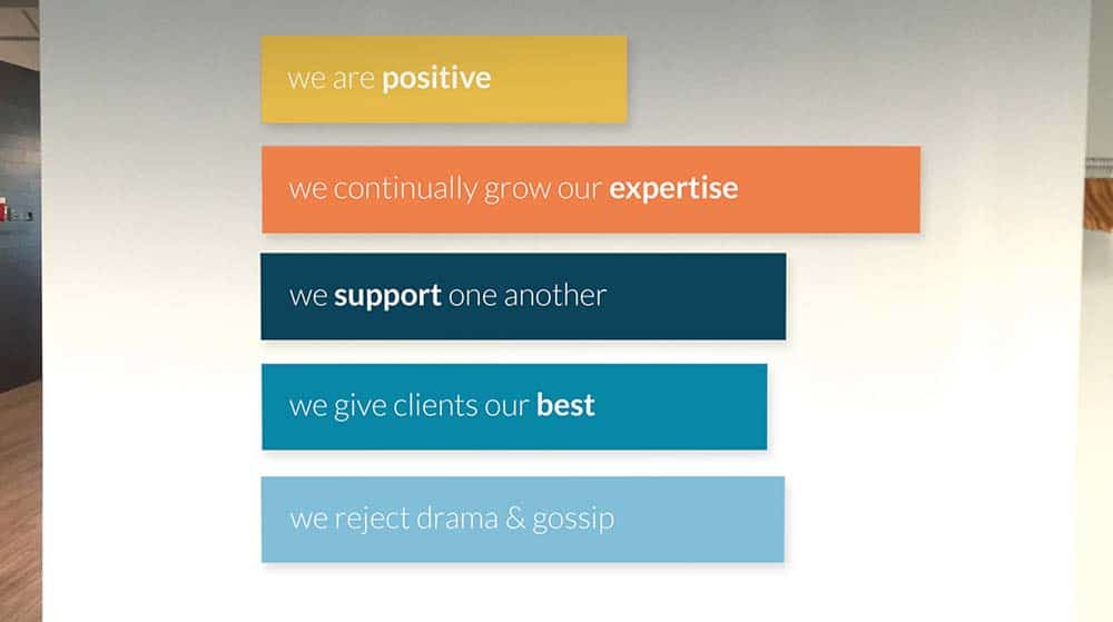 Blue Compass company values. company values wall.