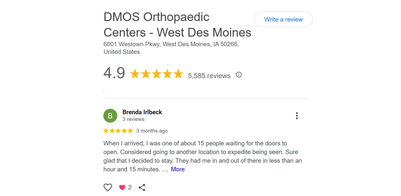 A Google Business Profile review for DMOS Orthopaedic Centers in West Des Moines