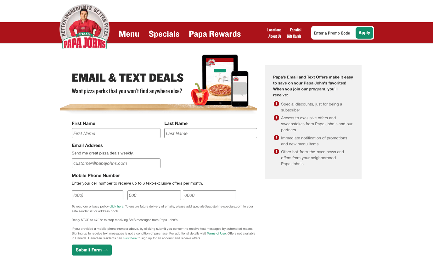Papa John's email signup on their website.