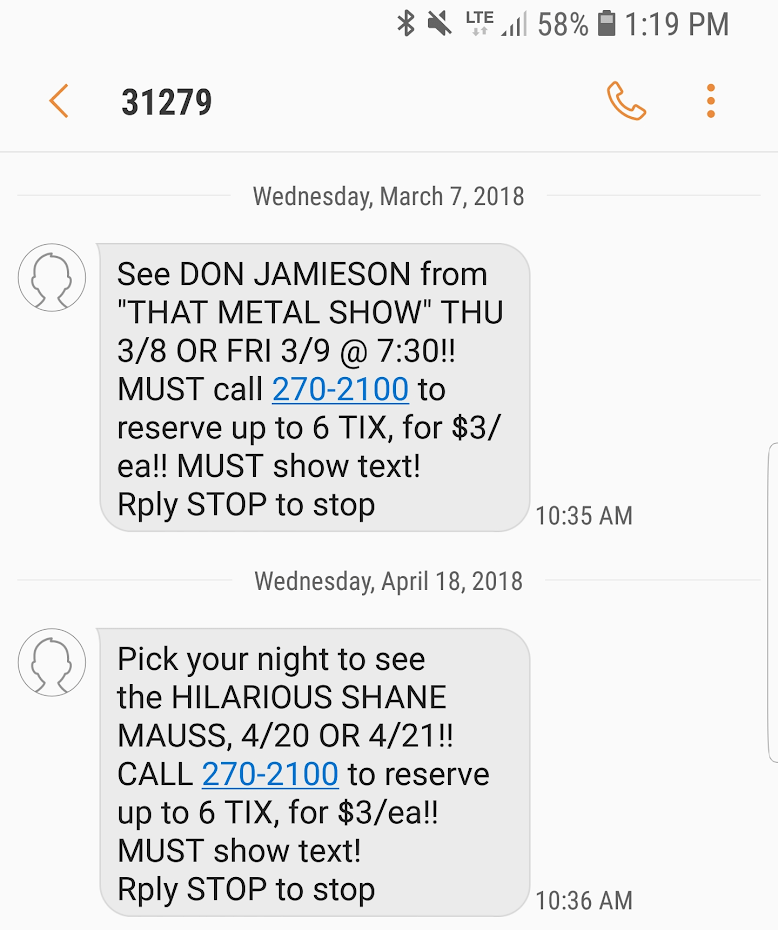 Text message notifications from vendors.