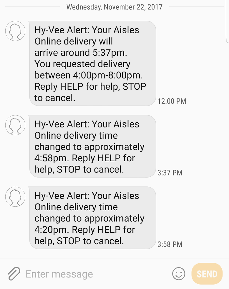 Screenshot of Hy-Vee text message alert.