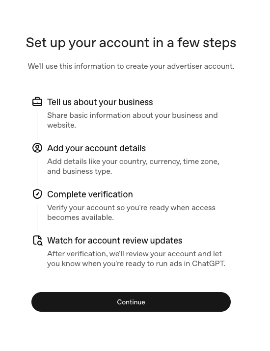 Screenshot of ChatGPT Ads Manager account setup screen