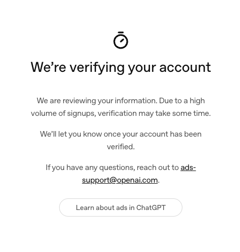 Screenshot of ChatGPT Ads Manager Verification In Progress