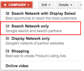 AdWords campaign type dropdown