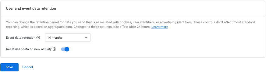 Screenshot of data retention options in GA4.