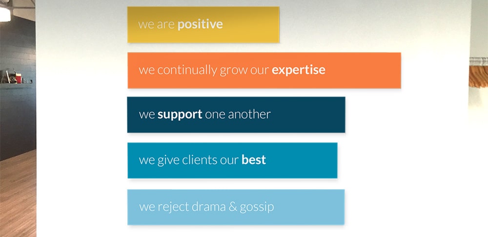 Blue Compass' values on the wall.