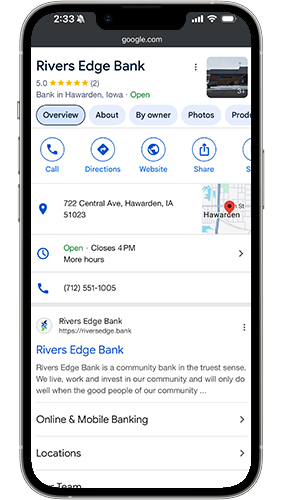 Mobile screenshot of Rivers Edge Bank Google Business Profile.