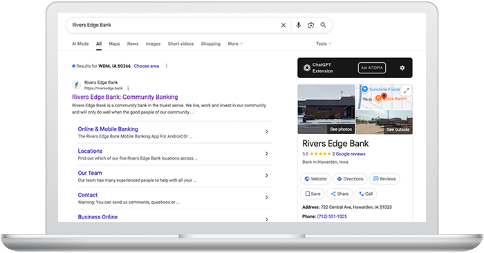 Laptop Screen Displaying Rivers Edge Bank's Google Business Profile In Search Results