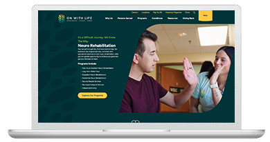 on with life website displayed on a laptop screen